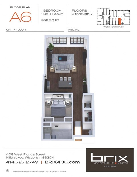 Floor plan for 1 bed, 1 bath, 858 sqft